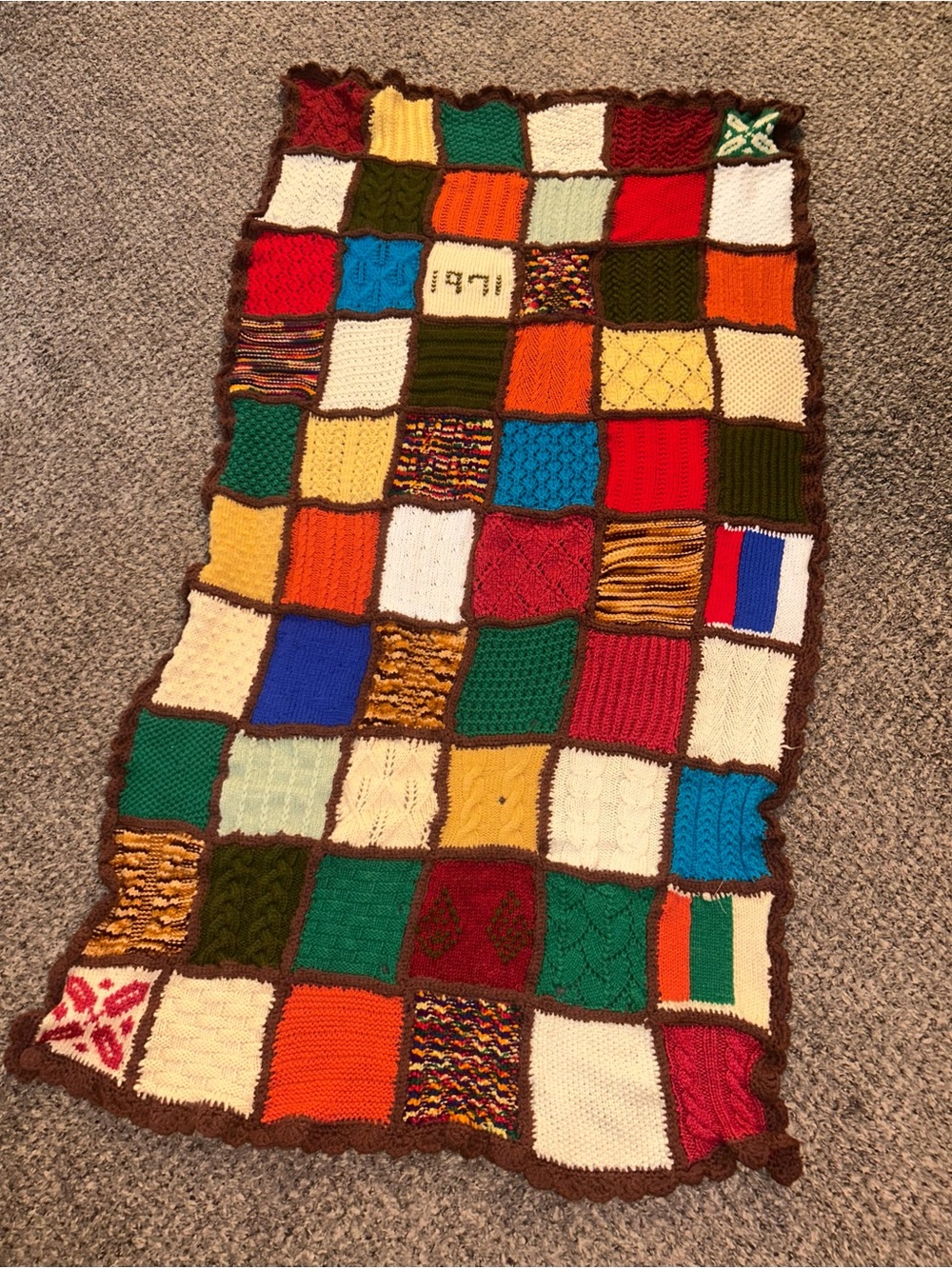 Vintage 1971 Handmade Patchwork Knitted Afghan – Signed Catherine – 60” x 32”
